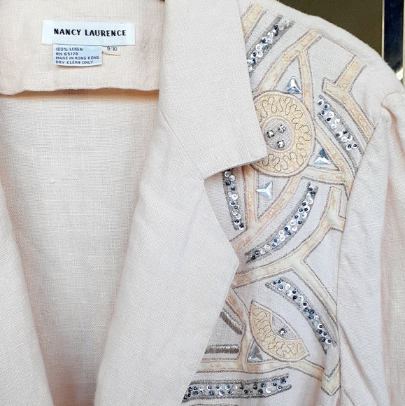 TRUE VTG 80's PINK Linen Blazer jeweled Jacket Nancy Laurence blazer size 9 / 10 - Picture 2 of 11